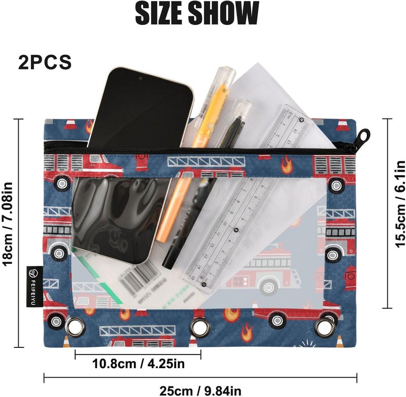 BOENLE Fire Trucks Pencil Pouch for 3 Ring Binder, 2 Pack Waterproof Pencil Bags Clear Window Zipper School Office Supplies - Image 3